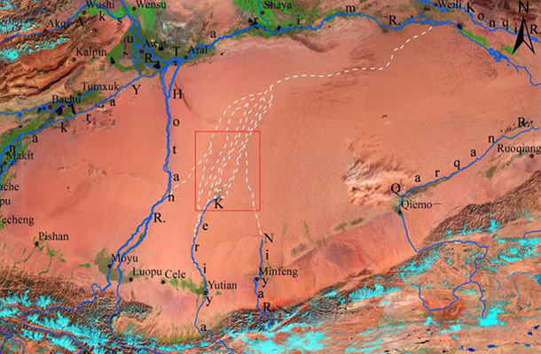 克里雅河古河道空间分布影像图