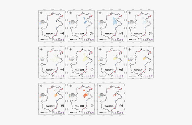 2013-2023年普林西比岛夜间光照范围与海龟分布